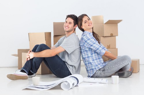 Desks, boxes, and equipment prepared for commercial moving